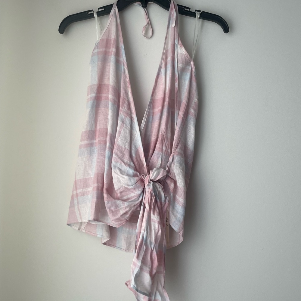 Lovestitch Pale Pink Blue Linen Halter Wrap Plaid Top Size Medium - Picture 3 of 8
